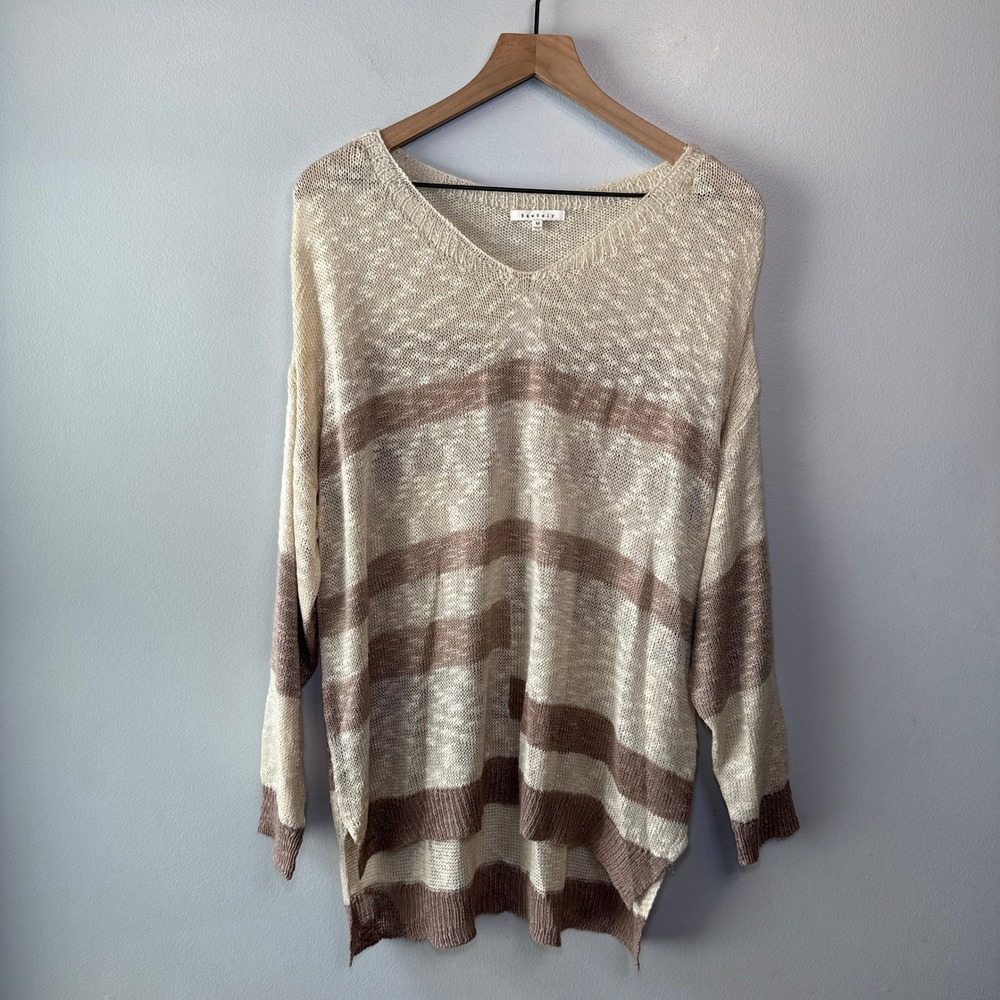 BaeVely Women's Striped Knit V-Neck Oversized Sweater Cream Taupe SIze Medium
